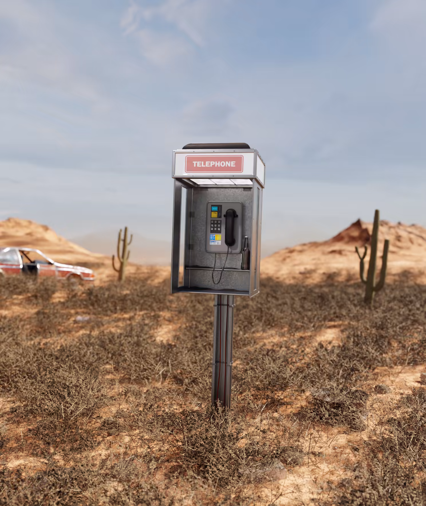 Phone booth 3D scene rendered in day and night lighting, 3D design by Toby Johnson (day)