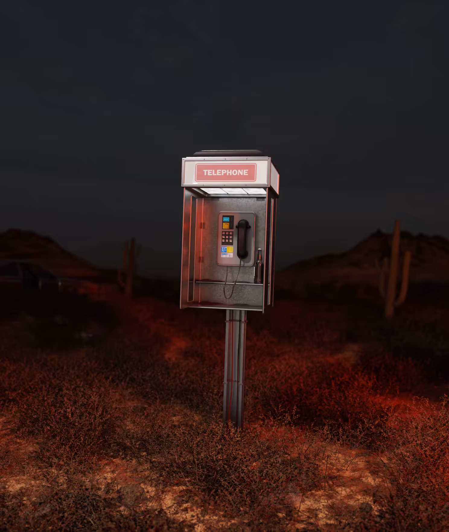 Phone booth 3D scene rendered in day and night lighting, 3D design by Toby Johnson (night)