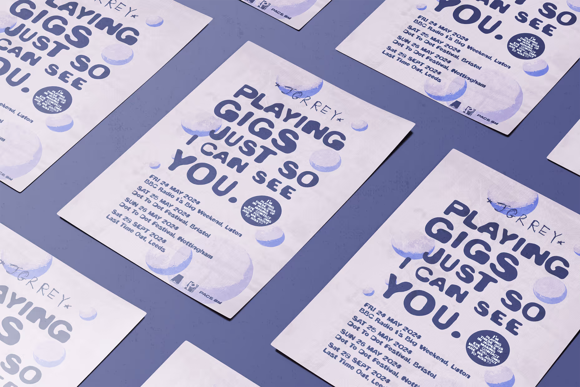 Jgrrey tour poster printed in blueprint indigo, music industry graphic design by Toby Johnson