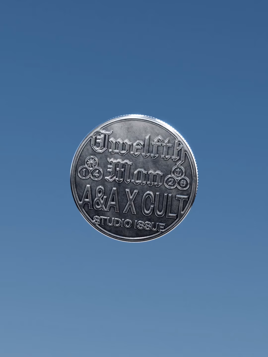 Silver coin engraved with Twelfth Man and A&A x Cult lettering, flipping against a blue sky, 3D animation by Toby Johnson