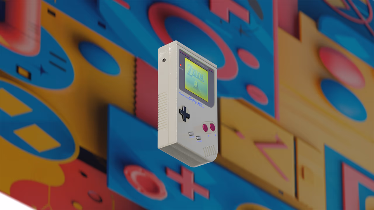 Original Nintendo Game Boy floating over colourful retro shapes, 3D product render by Toby Johnson