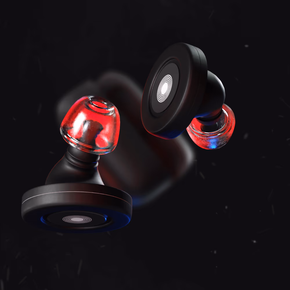 Pulse Audio wireless earbuds falling with charging case, 3D product render by Toby Johnson