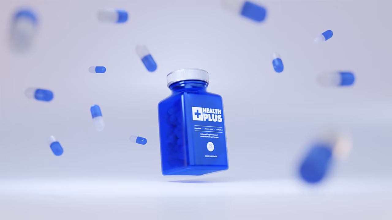 Blue supplement bottle for concept brand Health Plus with capsules suspended around it, 3D product render by Toby Johnson