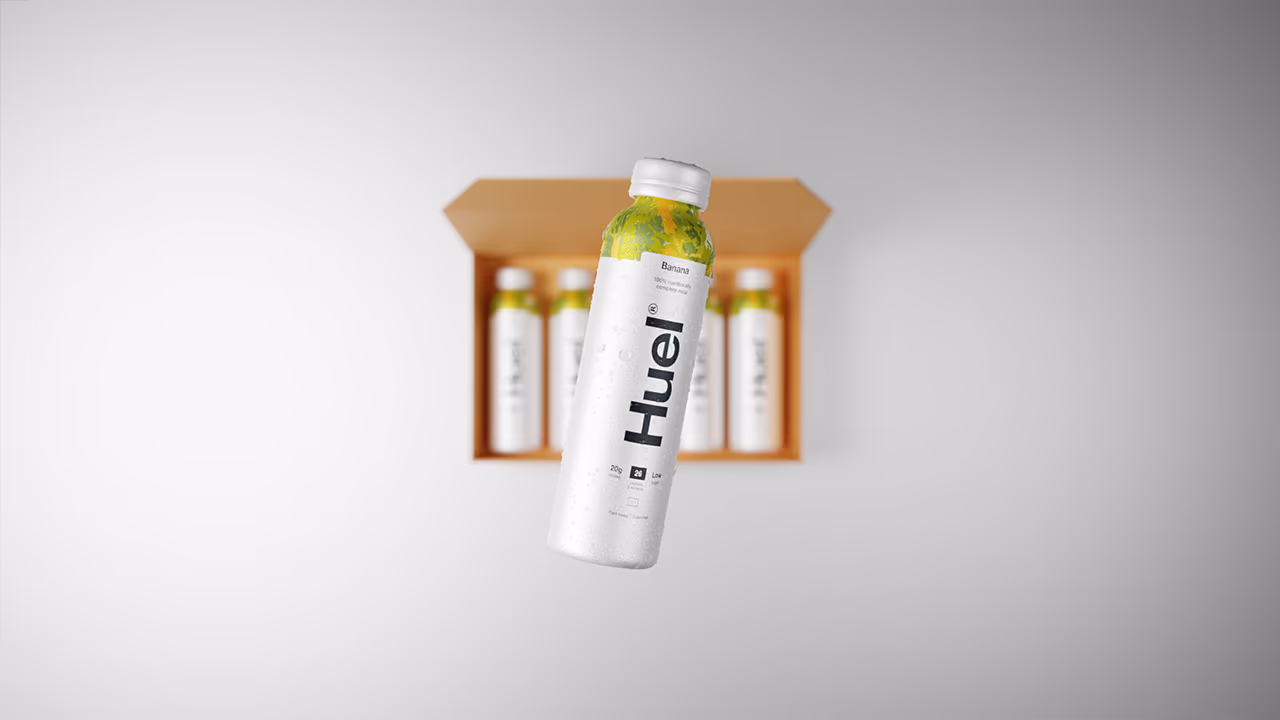 Huel ready-to-drink bottle falling from a shipping box, 3D product render by Toby Johnson